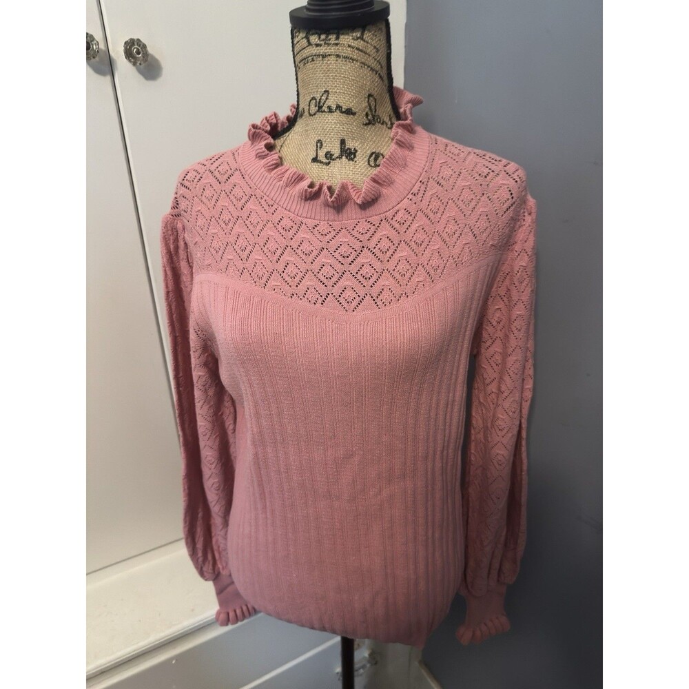 Women's XL Mock Neck Sweater Open Knit Sleeves Ruffles Romantic Feminine Classic